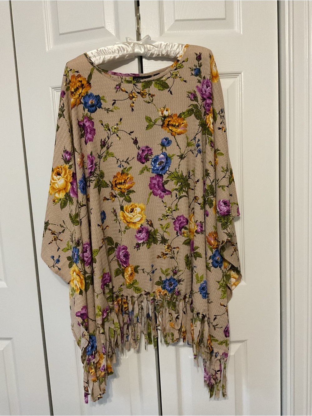 Attitudes by Renee Floral Fringe Poncho - Beige with Multicolor Roses